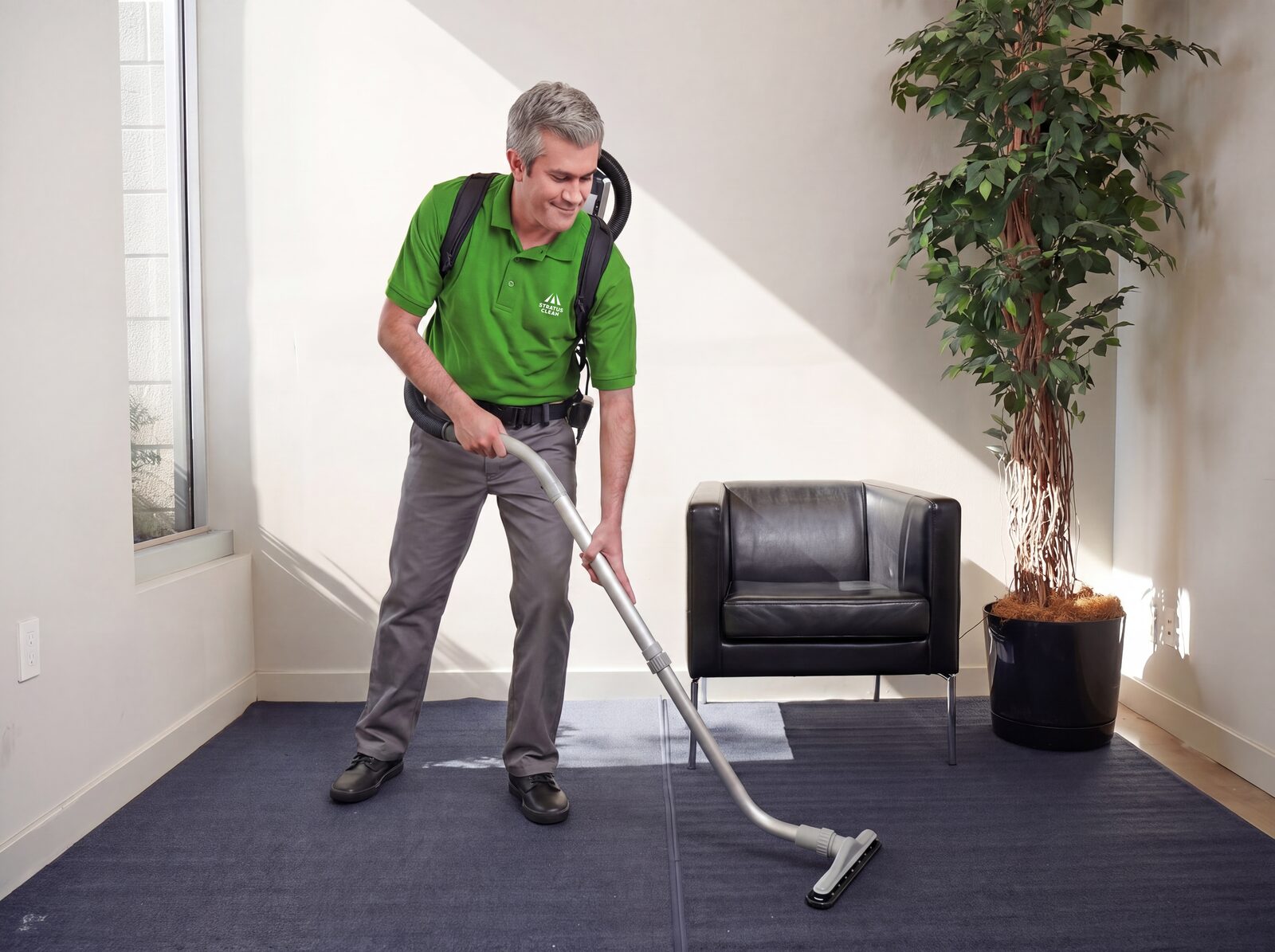 Stratus Clean technician carpet-vacuuming with a backpack vacuum